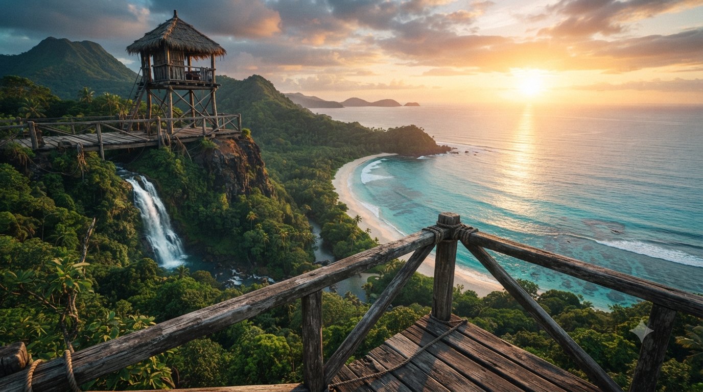 View from the watchtower platform over the jungle, waterfall and beach at sunset